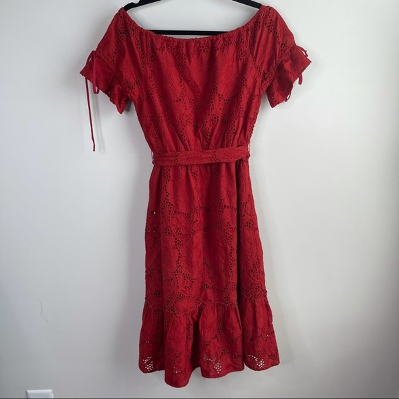 Shoshanna anthropologie eyelet red belted ruffle midi dress size 2 wedding guest - Picture 10 of 14